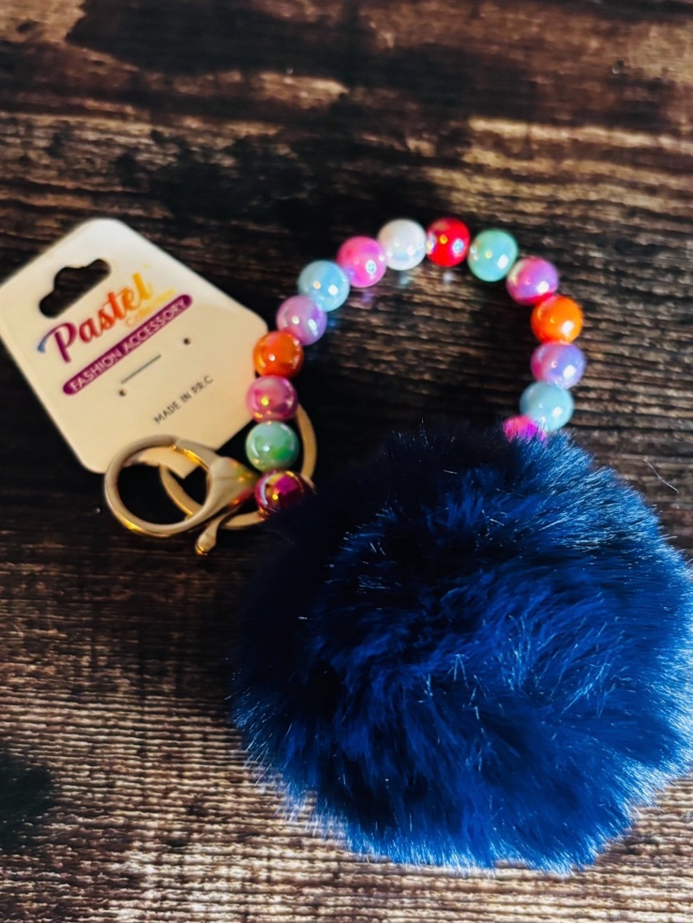 Women's Multicolor Beaded Wrist Keychain with Navy Blue Pom